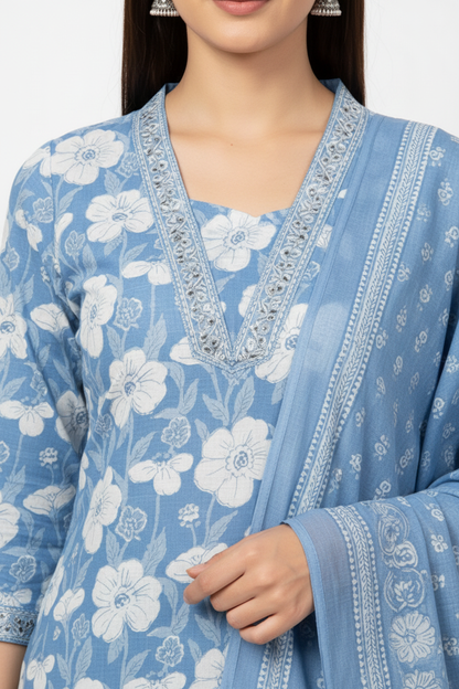 Sky Blue Floral Printed Kurta Set with Dupatta – 3 Piece Suit