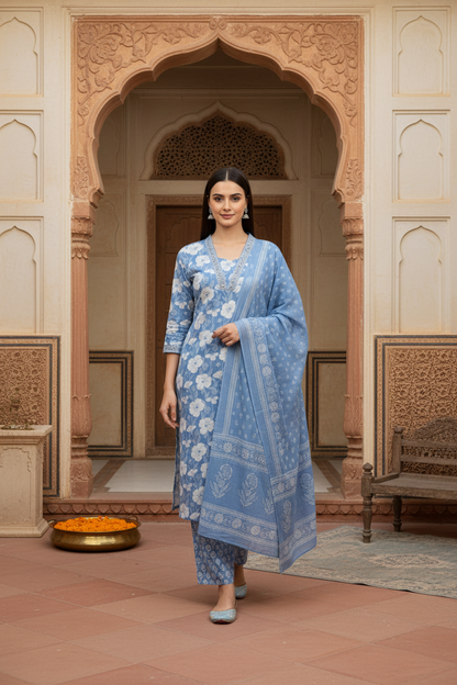 Sky Blue Floral Printed Kurta Set with Dupatta – 3 Piece Suit