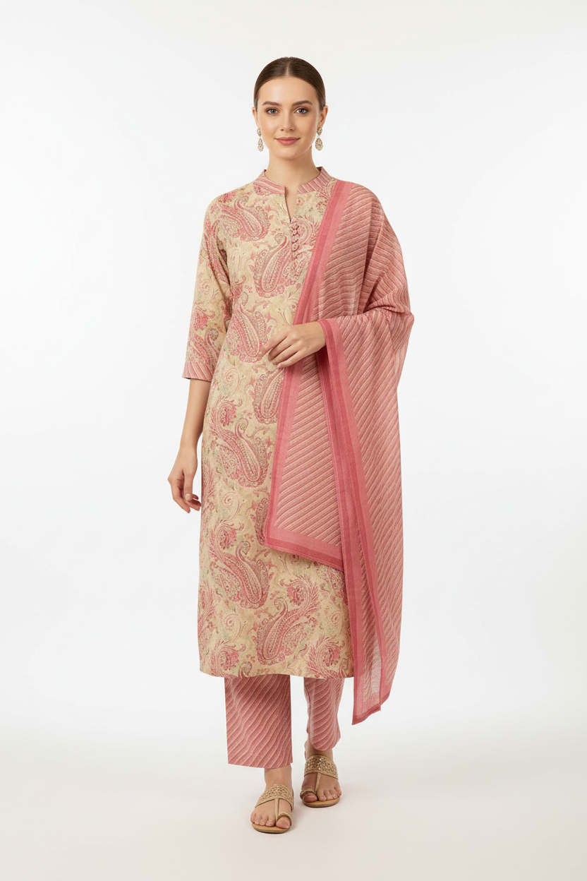 Pink Paisley Printed Kurta Set with Dupatta – 3 Piece Suit