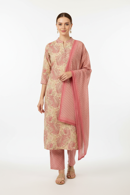 Pink Paisley Printed Kurta Set with Dupatta – 3 Piece Suit