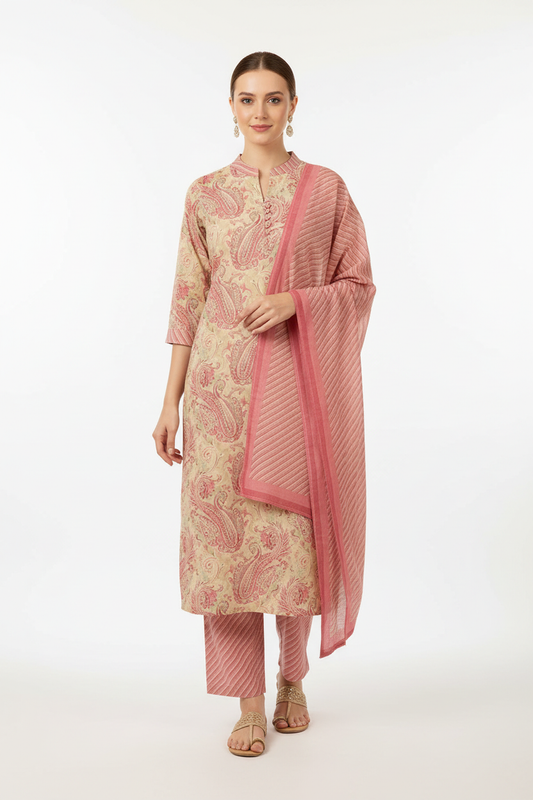 Pink Paisley Printed Kurta Set with Dupatta – 3 Piece Suit