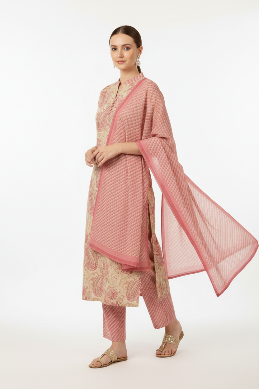 Pink Paisley Printed Kurta Set with Dupatta – 3 Piece Suit