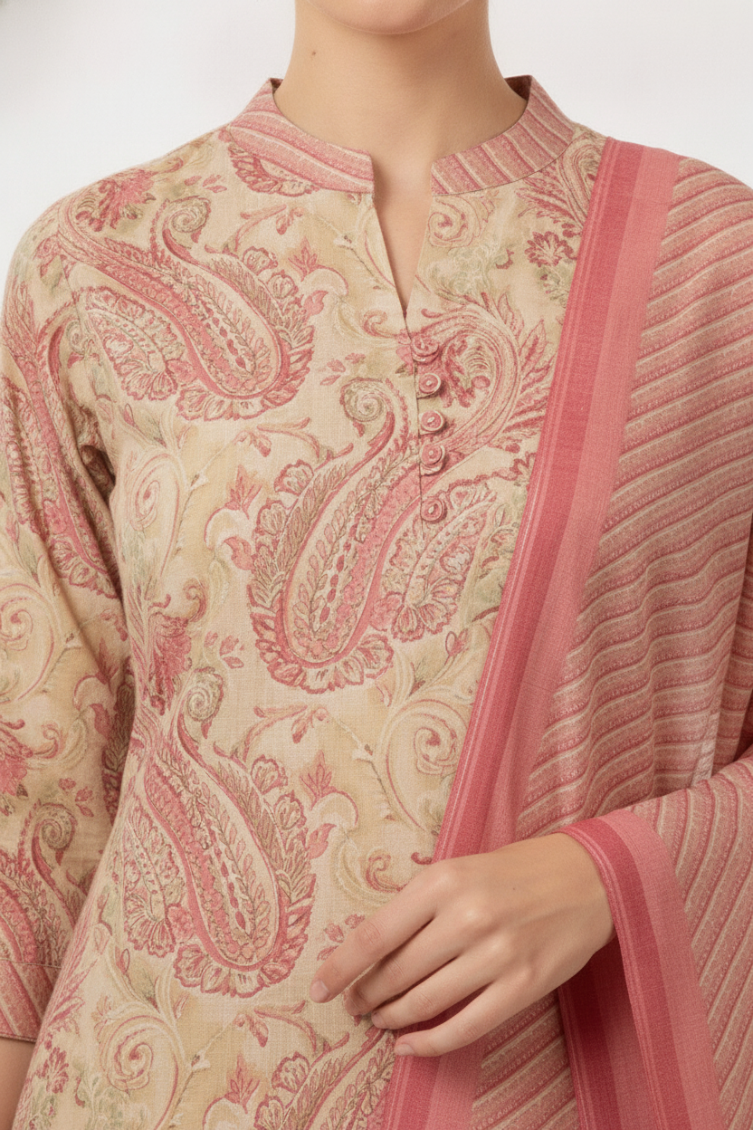 Pink Paisley Printed Kurta Set with Dupatta – 3 Piece Suit