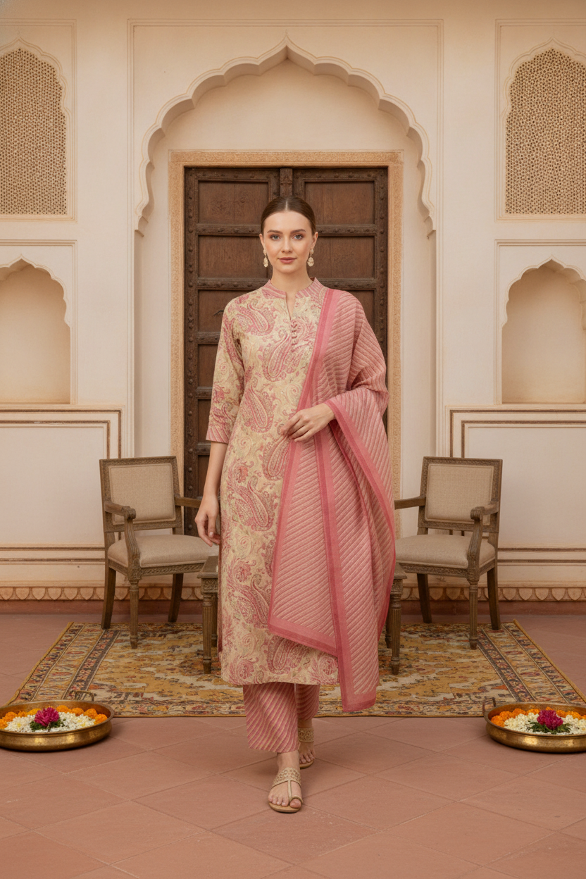 Pink Paisley Printed Kurta Set with Dupatta – 3 Piece Suit