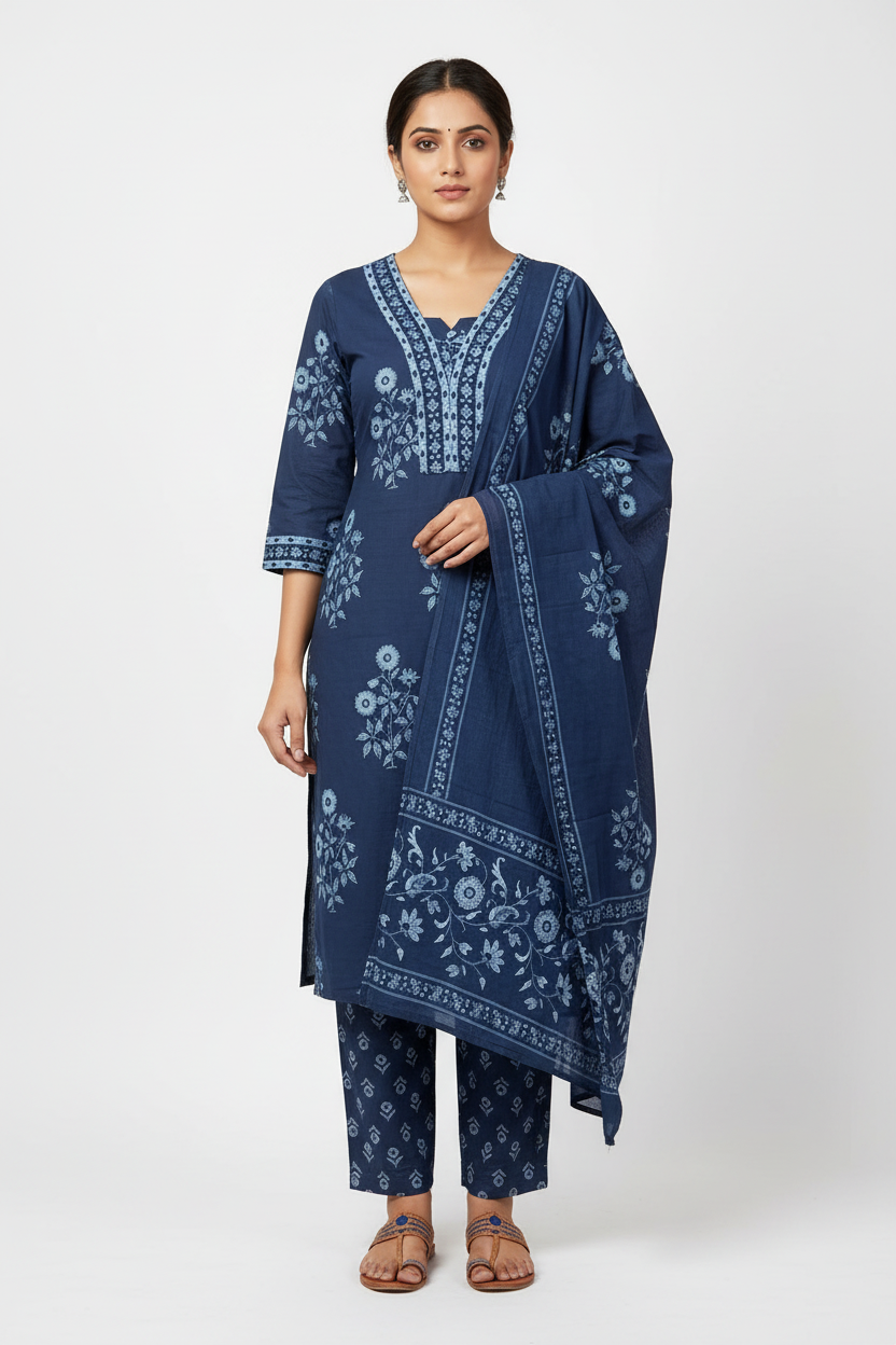 Navy Blue Floral Printed Kurta Set with Matching Dupatta – 3 Piece Suit