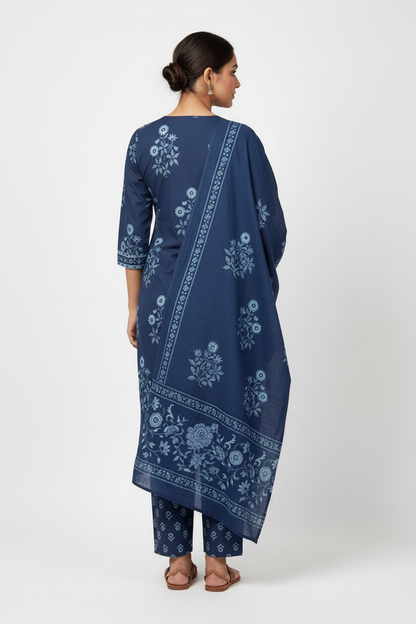 Navy Blue Floral Printed Kurta Set with Matching Dupatta – 3 Piece Suit