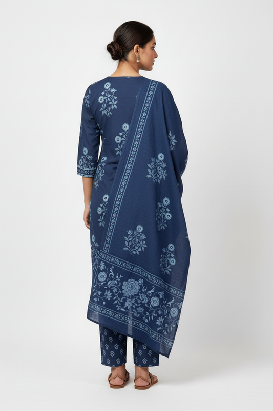 Navy Blue Floral Printed Kurta Set with Matching Dupatta – 3 Piece Suit