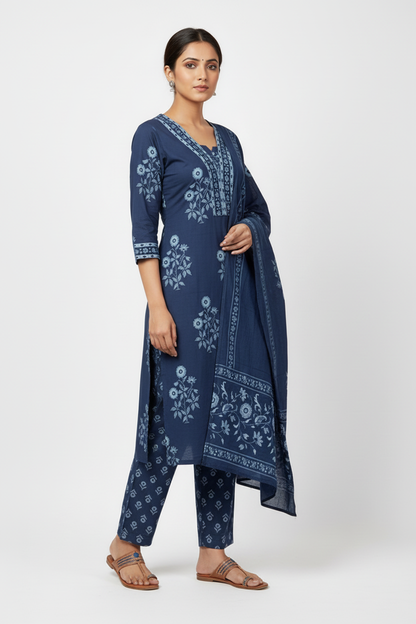 Navy Blue Floral Printed Kurta Set with Matching Dupatta – 3 Piece Suit