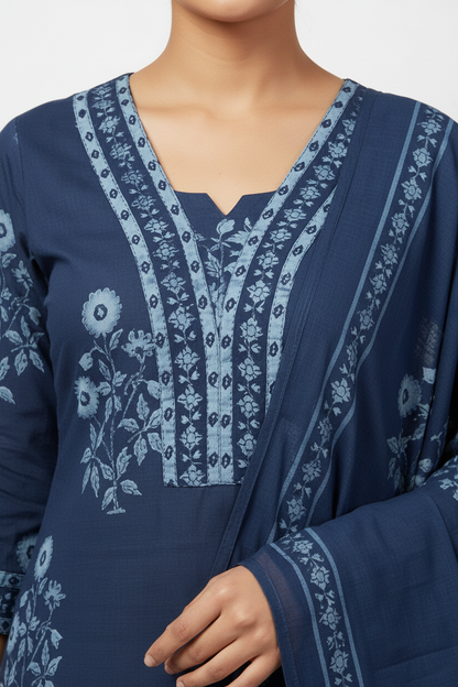 Navy Blue Floral Printed Kurta Set with Matching Dupatta – 3 Piece Suit