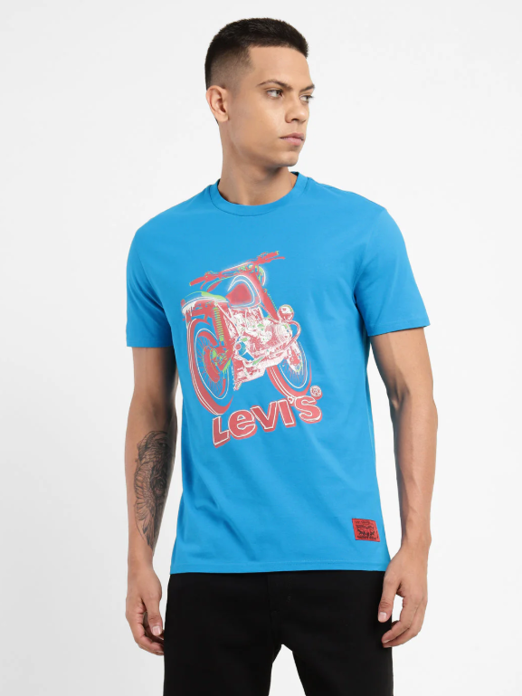 Levi's Men Printed, Typography Round Neck Pure Cotton Blue T-Shirt