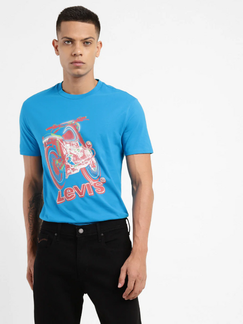 Levi's Men Printed, Typography Round Neck Pure Cotton Blue T-Shirt