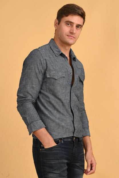 POE Merlin - Detailed Denim Shirt - Navy